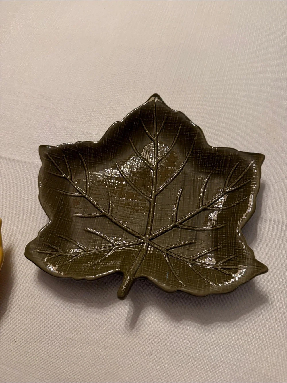 Leaf-Shaped Ceramic Serving Dishes - Gold & Olive Green